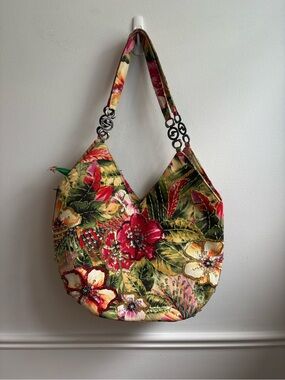 Tropical Floral Embroidered Shoulder Bag in Green and Red